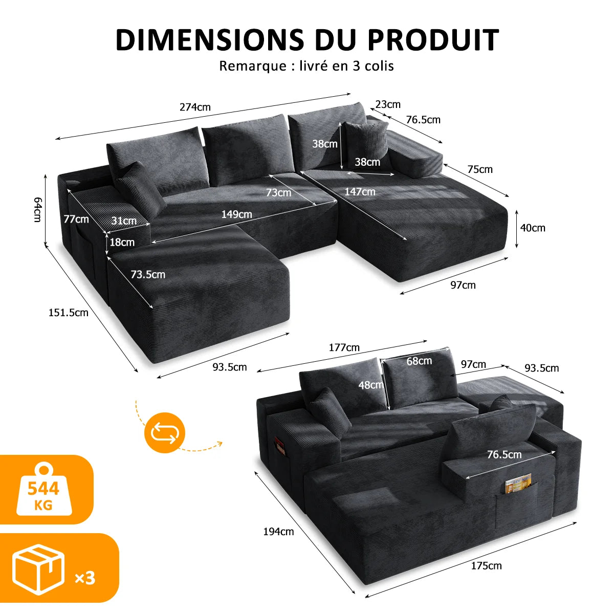 Canapé d'angle convertible en U en velours côtelé – photo 16