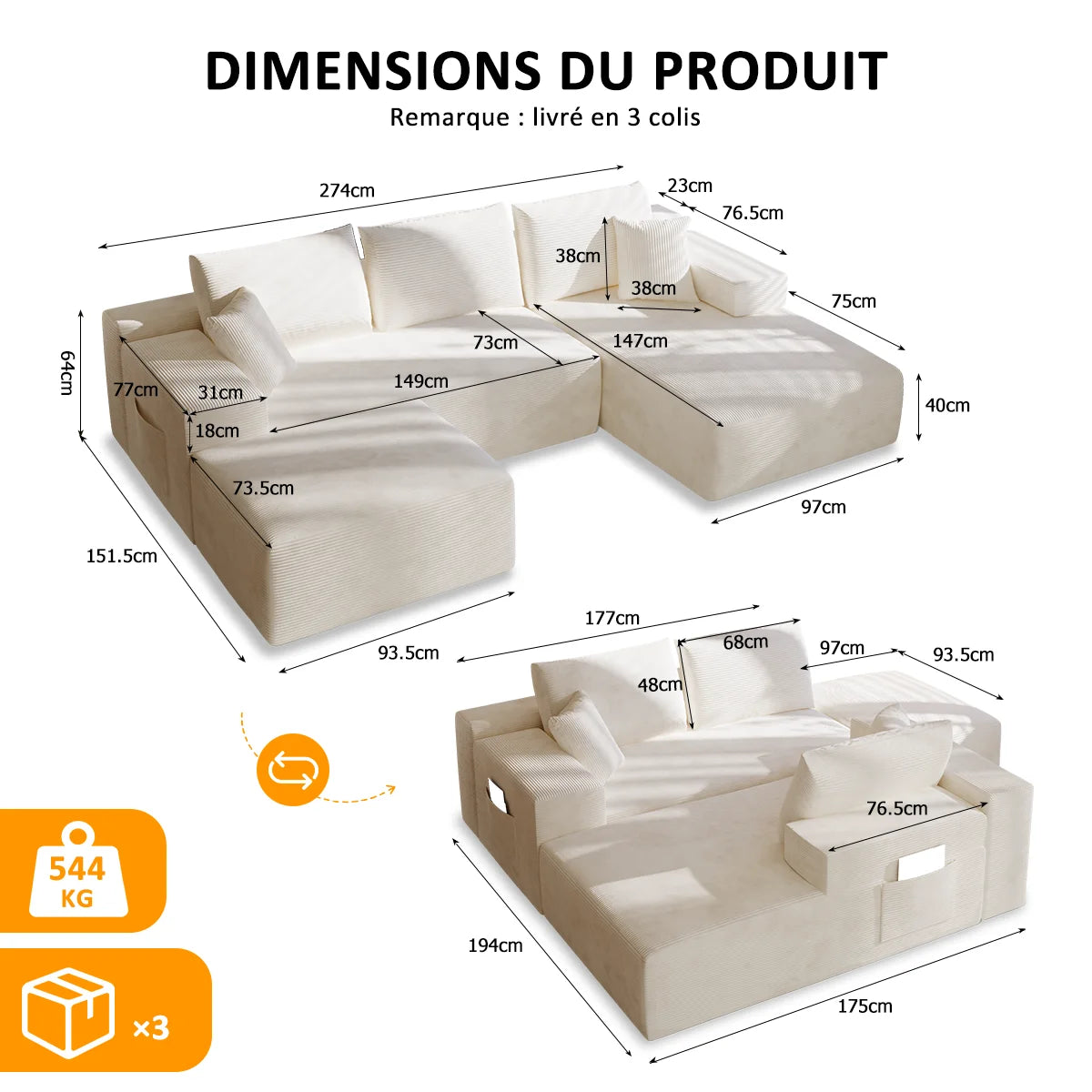 Canapé d'angle convertible en U en velours côtelé – photo 15
